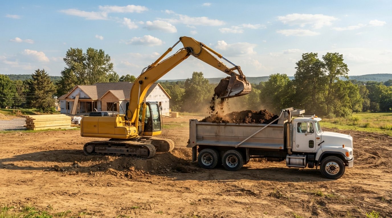 Excavator loading a dump truck on a new home site in Ontario County