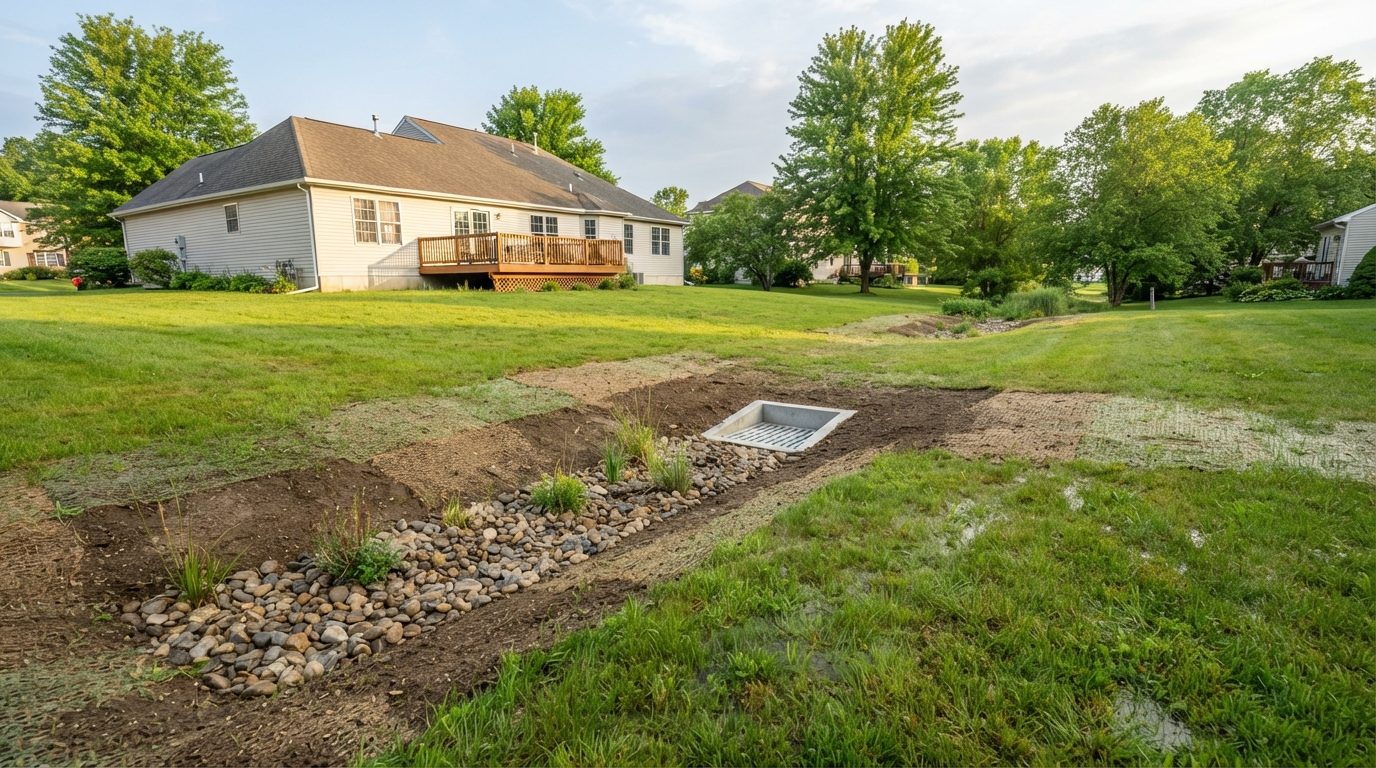 Finished yard drainage installation with catch basin in a Finger Lakes backyard